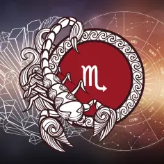 Skorpion i symbol znaku wodnego zodiaku na tle koła zodiakalnego.