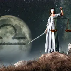 Kobieta z przepaską na oczach i wagą w dłoni, symbol sprawiedliwości, stoi na tle księżyca z symbolem Wagi. Ascendent w wadze.