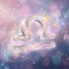 Symbol Wagi w pastelowych barwach, otoczony konstelacjami. Sprawdź horoskop dla Wagi na dziś i jutro.