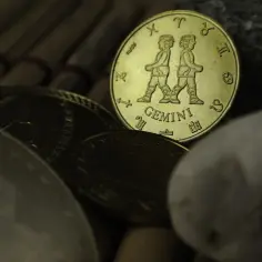 Złota moneta z symbolem **bliźniąt** i napisem GEMINI, otoczona innymi monetami i kamieniami.