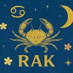 Złoty rak i symbol zodiaku na granatowym tle z gwiazdami i księżycem. Anielski horoskop tygodniowy dla Raka.