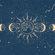 Cykl księżyca i słońce na tle nocnego nieba z konstelacjami. Idealne dla osób urodzonych 5 kwietnia, znak zodiaku Baran.