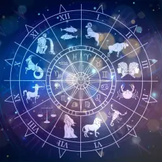 Okrąg zodiaku z symbolami gwiazd, w tym znakiem zodiaku na 2 października.