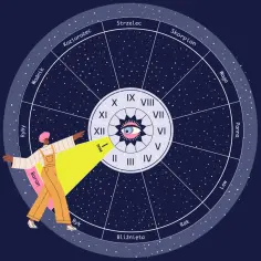 Osoba wskazuje na koło zodiaku, gdzie widoczny jest ascendent w skorpionie. Gwiazdy i nocne niebo tworzą magiczną atmosferę.