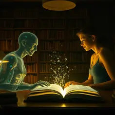 Dziewczyna i eteryczny brat w bibliotece, wspólnie studiują magiczną księgę.