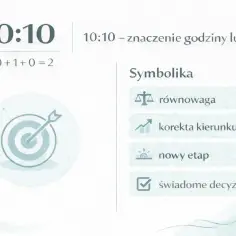 10:10 znaczenie anielskie. Symbolika: równowaga, korekta kierunku, nowy etap, świadome decyzje. Strzałka trafia w środek tarczy.