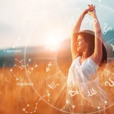 Kobieta w białej sukience cieszy się słońcem na tle złotego pola. Wokół niej krąg znaków zodiaku, zapowiadający horoskop na 2026 panna.