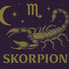 Złoty skorpion na tle nocnego nieba z księżycem i gwiazdami. Pod spodem napis "SKORPION", symbolizujący znak zodiaku.