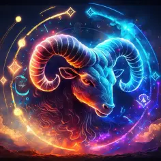 Baran, kwiecień znak zodiaku, lśni neonowym blaskiem na tle kosmicznej mgławicy.