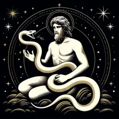 Mityczny wężownik, znak zodiaku, siedzi w otoczeniu gwiazd, trzymając w dłoniach węża.