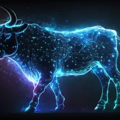 Galaktyczny Byk, 20 kwietnia znak zodiaku, emanuje neonowym blaskiem na tle kosmicznej mgławicy.