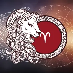 Symbol Barana, który jest znakiem zodiaku dla osób urodzonych 22 marca, na tle koła zodiaku i kryształów.