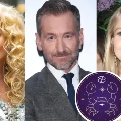 Trzy osoby, w tym zodiakalny rak, na tle symbolu zodiaku.