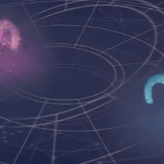 Dwa symbole Barana, jeden różowy, drugi niebieski, unoszą się na tle konstelacji. 24 marca znak zodiaku.