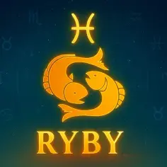 Złoty symbol Ryb i napis "RYBY" na tle nocnego nieba z gwiazdami. Zapowiedź horoskopu na 2026 rok dla Ryb.