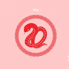 Czerwony wąż w okręgu z chińskimi wzorami. 7 stycznia znak zodiaku to Wąż.