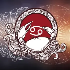 Symbol Raka, 30 czerwca znak zodiaku, otoczony kryształami i kołem zodiaku.