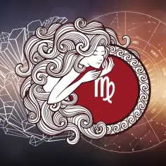 Symbol Panny, znaku zodiaku dla osób urodzonych 28 września. Stylizowana postać kobiety z długimi włosami, otoczona kryształami i kołem zodiaku.