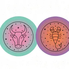 Dwa okręgi z symbolami zodiaku: po lewej byk w pastelowych barwach, po prawej skorpion na tle gwieździstego nieba.