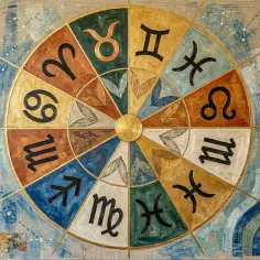 Okrąg zodiaku z symbolami, idealny do sprawdzenia horoskop na dziś waga miłosny.