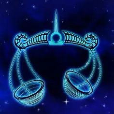 Neonowa waga, symbol 11 października znak zodiaku, unosi się na tle gwieździstego nieba.
