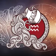 Symbol Wodnika, znaku zodiaku 31 stycznia, wylewa wodę na tle kryształów i koła zodiaku.
