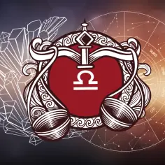 Symbol Wagi, 21 września znak zodiaku, otoczony kryształami i kołem zodiaku.