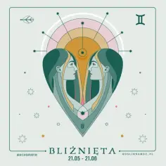 Ilustracja znaku zodiaku Bliźnięta, z dwoma profilami twarzy zwróconymi ku sobie. Symbolizuje 23 maja znak zodiaku.