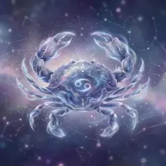 Gwiezdny rak, symbol zodiaku, unosi się w kosmicznej mgławicy. Jego pancerz lśni jak galaktyka, a w centrum widnieje znak zodiaku rak.