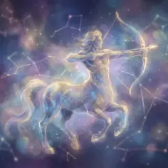 Gwiazdy zapowiadają pomyślny horoskop na dzisiaj dla Strzelca. Mitologiczny centaur z łukiem w dłoni, otoczony konstelacjami.