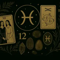 Symbol Ryb, karty tarota z bliźniaczkami i rybami, kryształy i kamienie. 7 marca znak zodiaku.