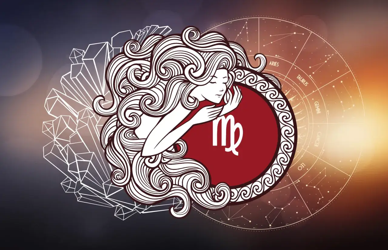 Stylizowana Panna, znak zodiaku, otoczona kryształami i kołem zodiaku.