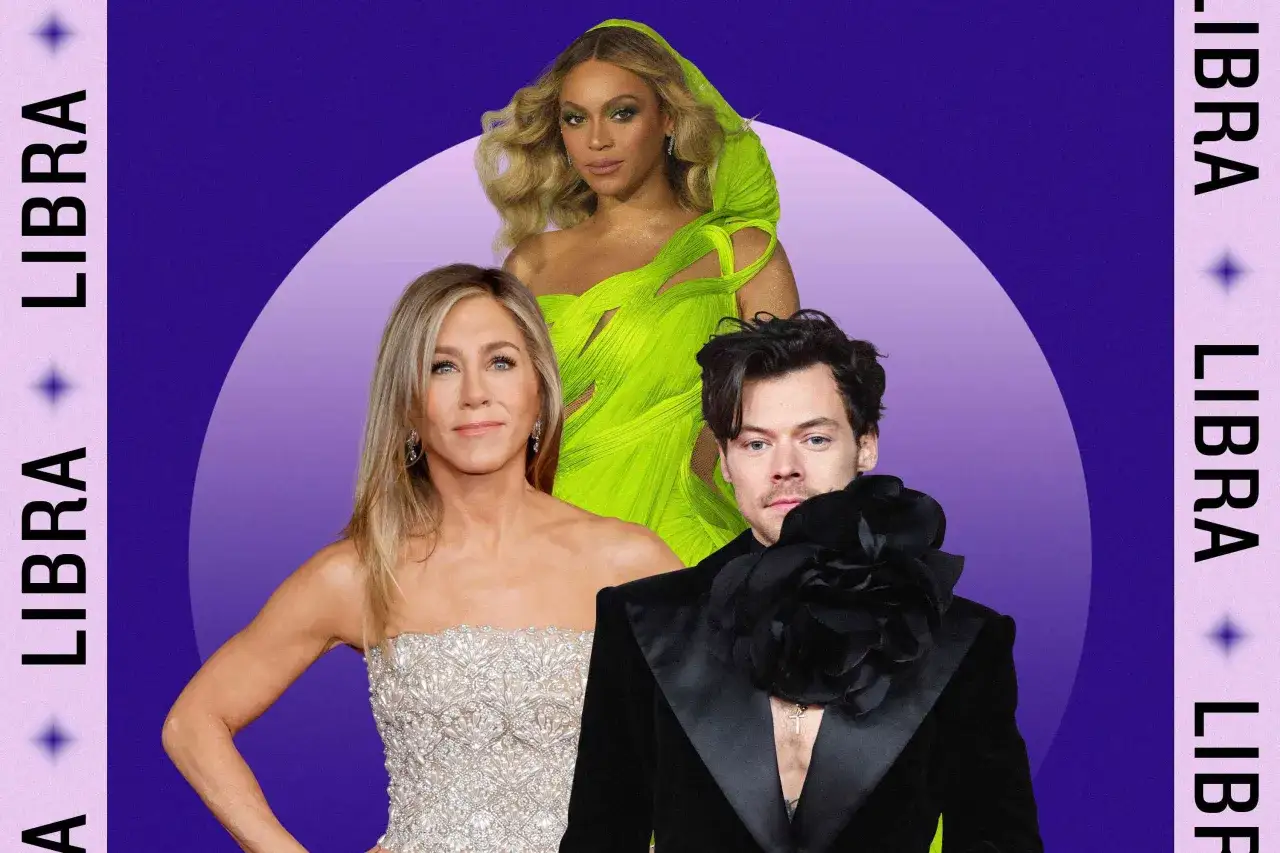 Gwiazdy z ascendentem w wadze: Jennifer Aniston, Beyoncé i Harry Styles na fioletowym tle z napisem LIBRA.