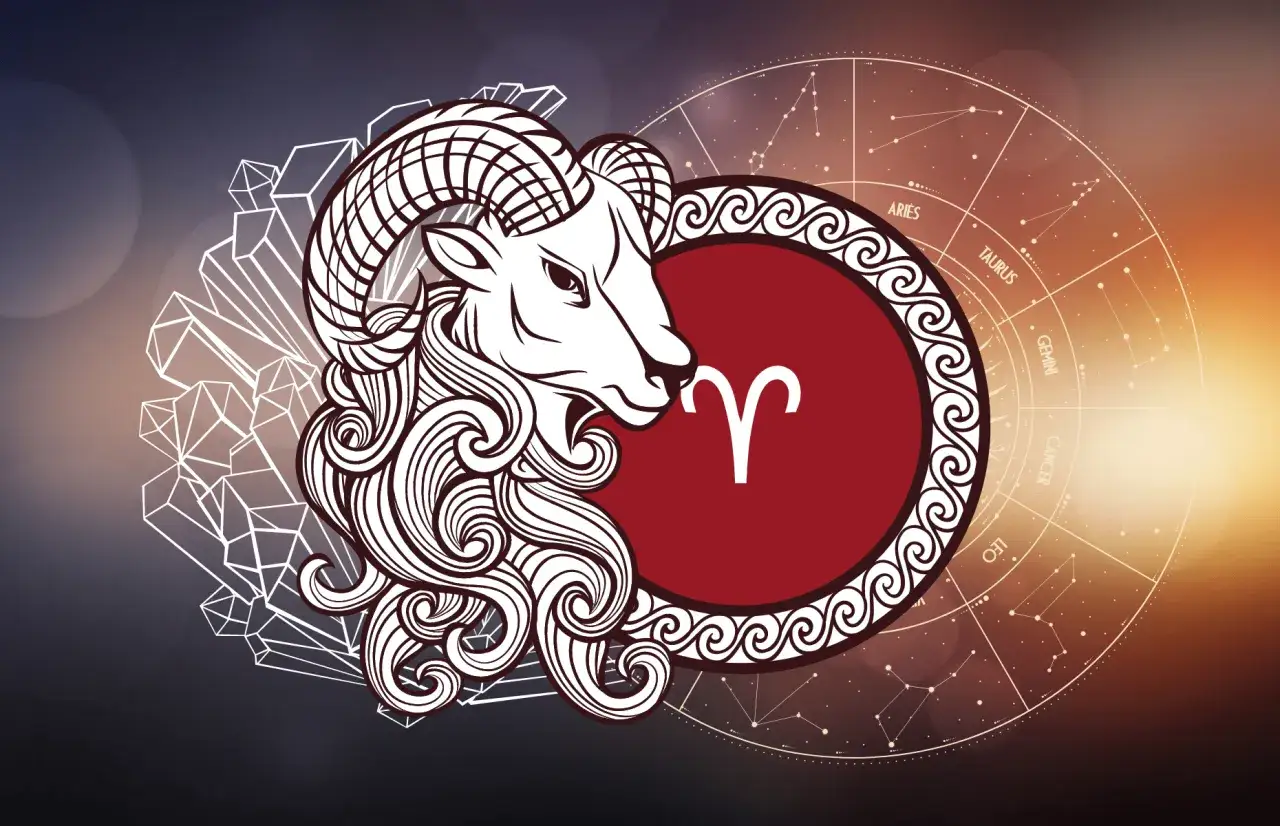 Symbol Barana, który jest znakiem zodiaku dla osób urodzonych 5 kwietnia, na tle konstelacji i kryształów.