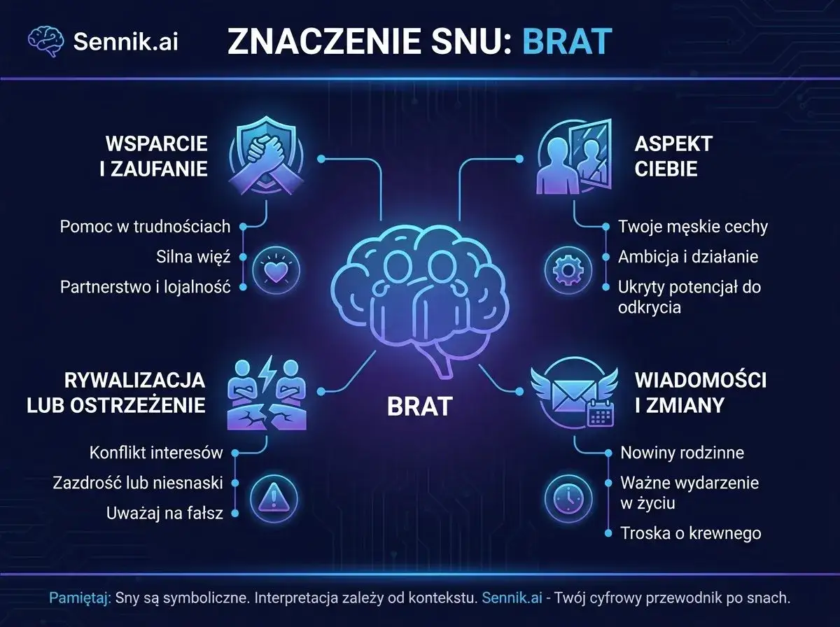 Sennik: brat symbolizuje wsparcie, rywalizację, aspekty siebie, wiadomości i zmiany. Interpretacja snu zależy od kontekstu.