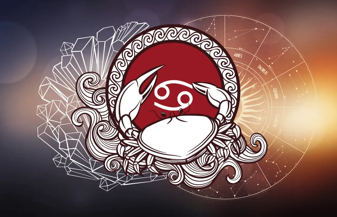 Symbol Raka i krab na tle koła zodiaku. Sprawdź swój horoskop dla raka na dzisiaj.