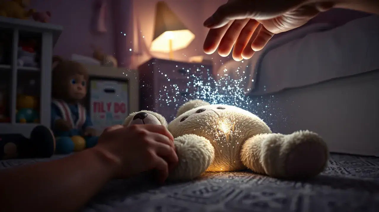 Magiczna chwila w pokoju córki. Pluszowy miś ożywa, otoczony iskrzącym pyłem. Sen o przyjacielu?