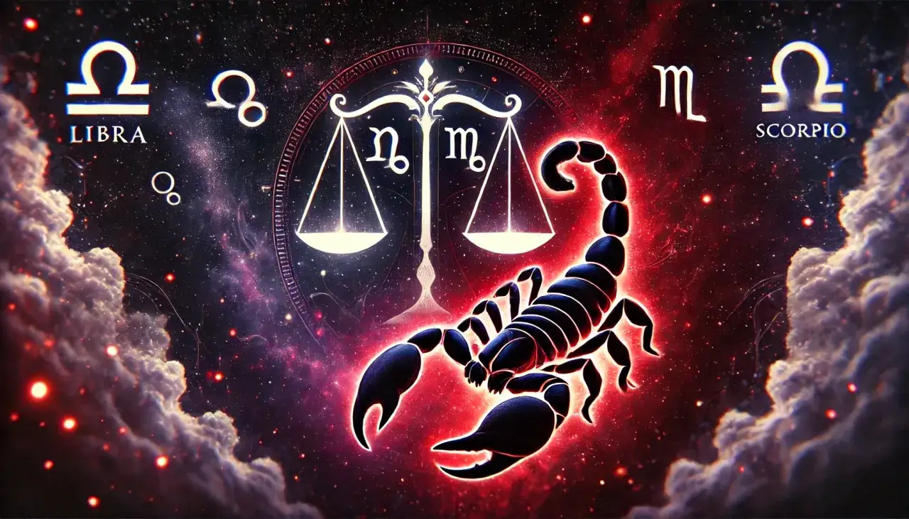 Skorpion, symbol 22 października znaku zodiaku, na tle kosmicznej mgławicy i symboli Wagi.