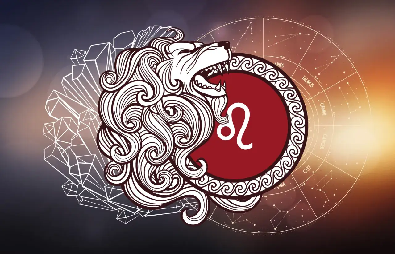 Stylizowany lew z symbolem Lwa i kołem zodiaku. Twój horoskop miesięczny lew zapowiada się ekscytująco!