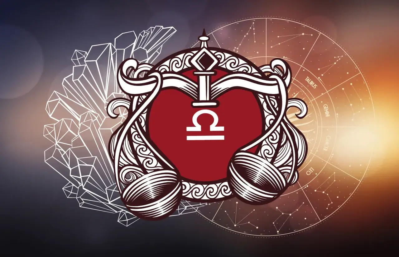 Symbol Wagi, znak zodiaku 28 września, w ozdobnej ramce, na tle kryształów i koła zodiaku.