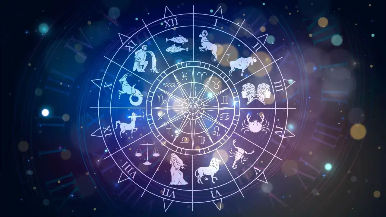 Okrąg zodiaku z symbolami i rzymskimi cyframi. 22 września to znak zodiaku Panna.