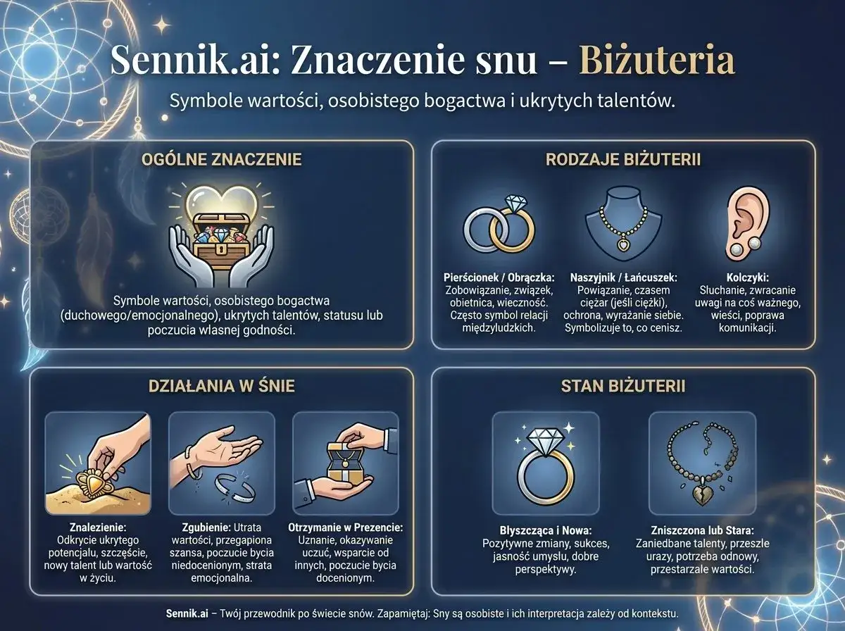 Sennik biżuteria: symbolizuje wartości, bogactwo i talenty. Zobacz, co oznaczają pierścionki, naszyjniki i kolczyki we śnie.