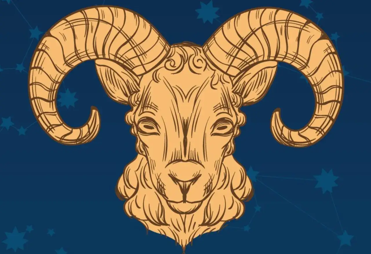Ilustracja głowy barana z wielkimi rogami na tle nocnego nieba. Zapowiedź horoskop baran 2026.