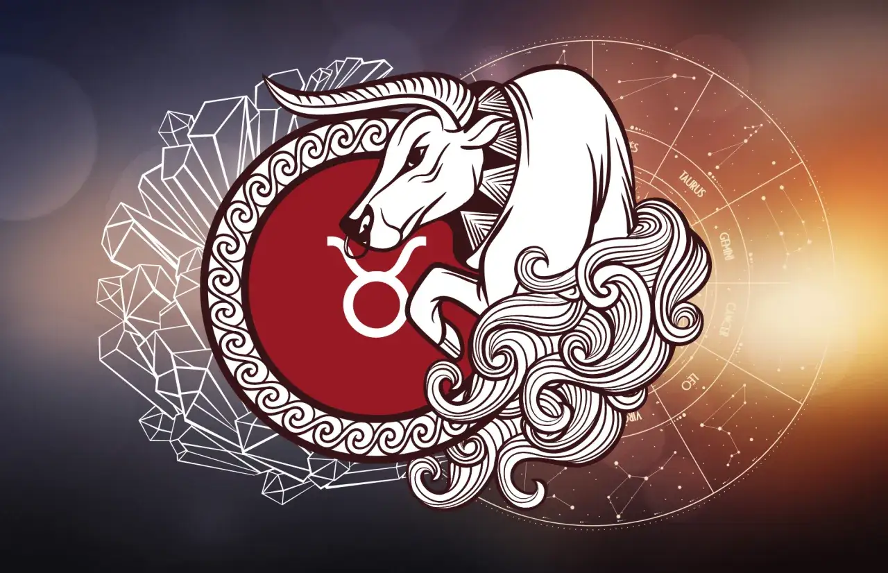 Byk, symbol zodiaku majowy, otoczony kryształami i kołem astrologicznym.