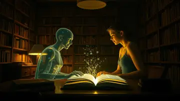 Dziewczyna i eteryczny brat w bibliotece, wspólnie studiują magiczną księgę.