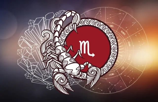 Skorpion, symbol 5 października znak zodiaku, na tle kryształów i koła zodiaku.