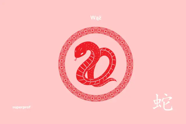 Czerwony wąż w okręgu z chińskimi wzorami. 7 stycznia znak zodiaku to Wąż.