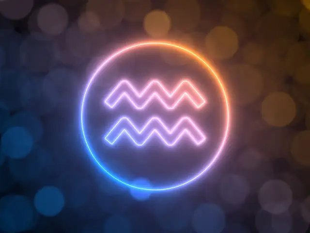 Neonowy symbol Wodnika, znaku zodiaku dla osób urodzonych 12 lutego, otoczony poświatą.